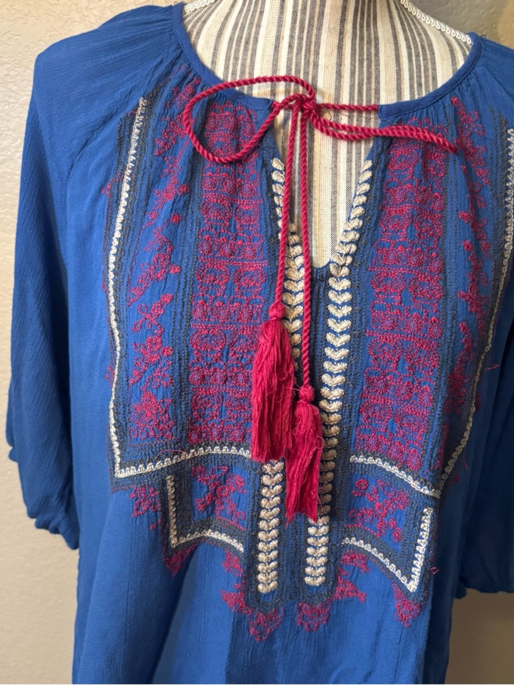 Hazel Boho Top Large Blue Embroidered Peasant Tunic Magenta Tassels 3/4 Sleeves - Picture 3 of 16